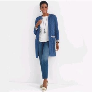 Chico’s Open Front Coat Size 4 / XXL Blue Knit Topper Lined Paisley Detail